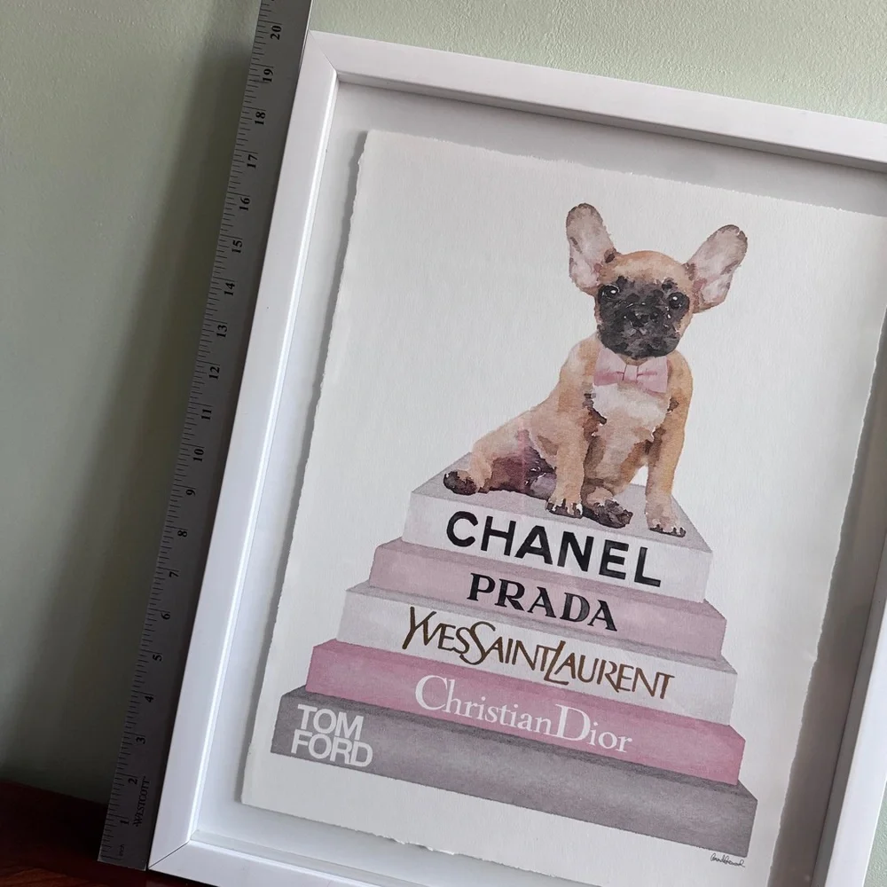 Home Wall Decor with French Bulldog Puppy on Designer Books Stack